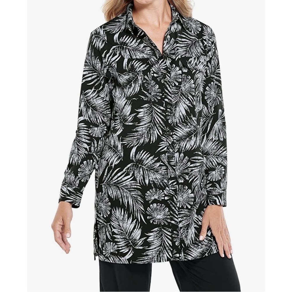 Coolibar Santorini Tunic Shirt UPF Sun Protective Black White Manilla Palm XS